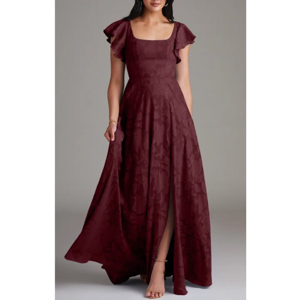 Azazie Bondi A-Line Side Slit Floral Burnout Dress Cabernet Size A10